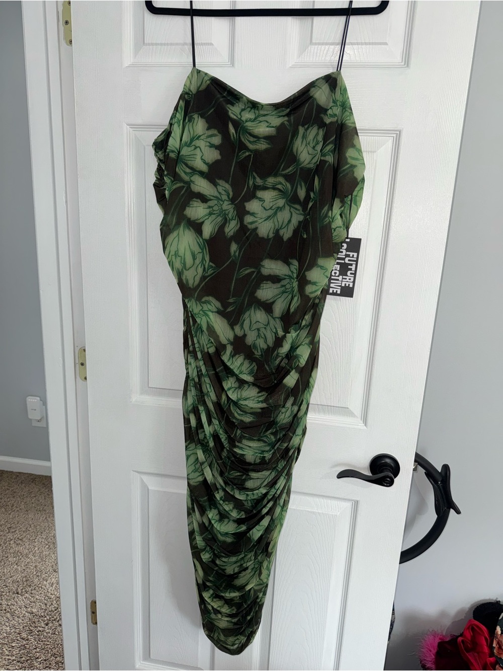 Green Floral Ruched Midi Slip Dress